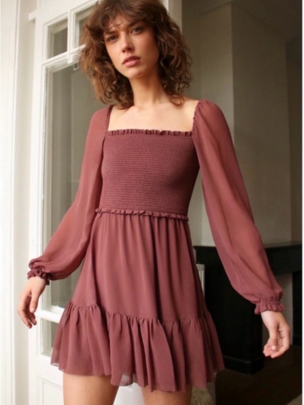 Aritzia Tempest Dusty Rose Smocked Bodice Long Sleeve Mini Dress